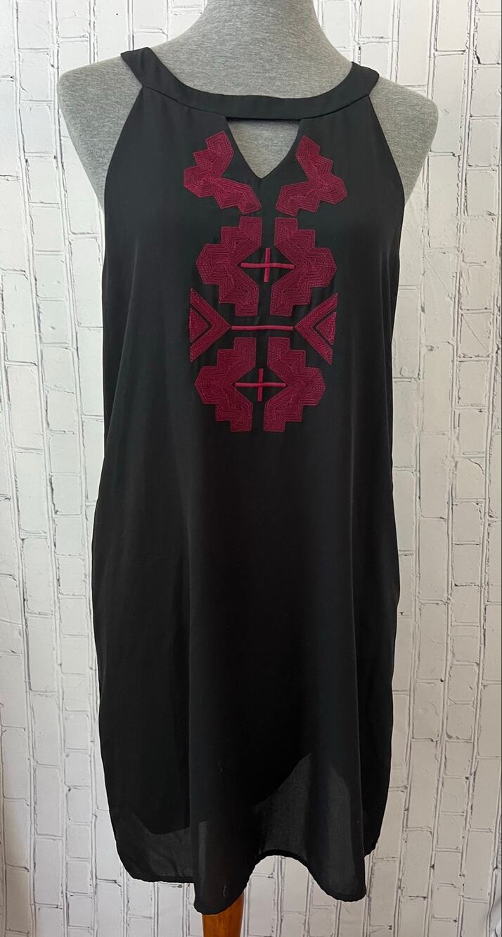 Vintage Moonlight Made USA Black Embroidered Boho Shift Dress Geometric Large